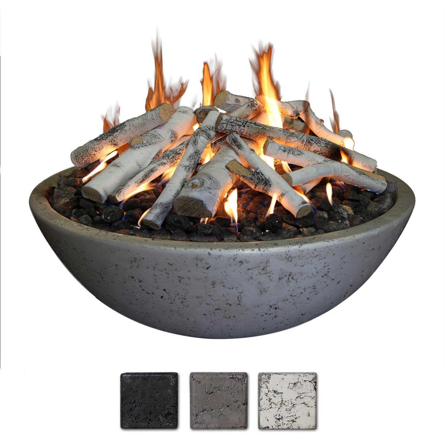 Concrete fire bowl with ring burner, grey bowl with burning logs; color samples below