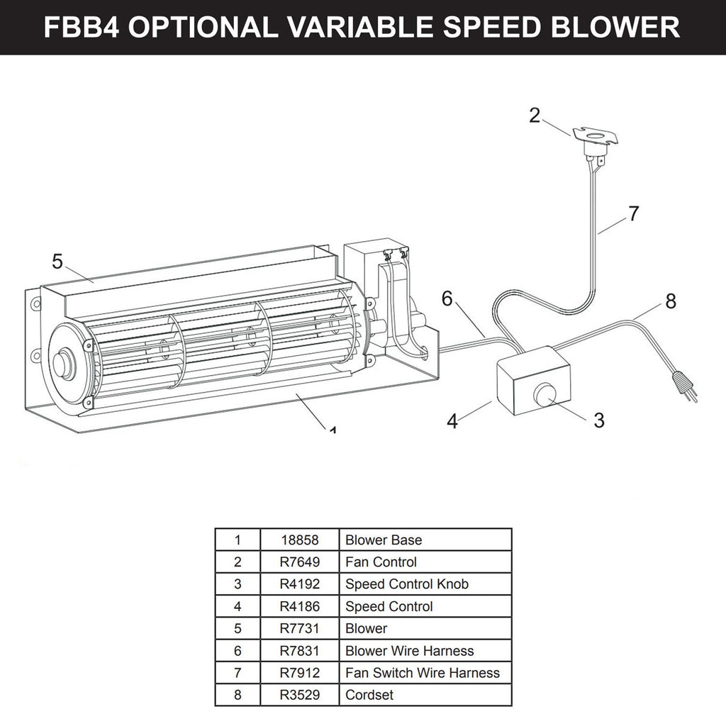 Exploded diagram of fireplace blower: fan unit, speed control, wiring, and power cord