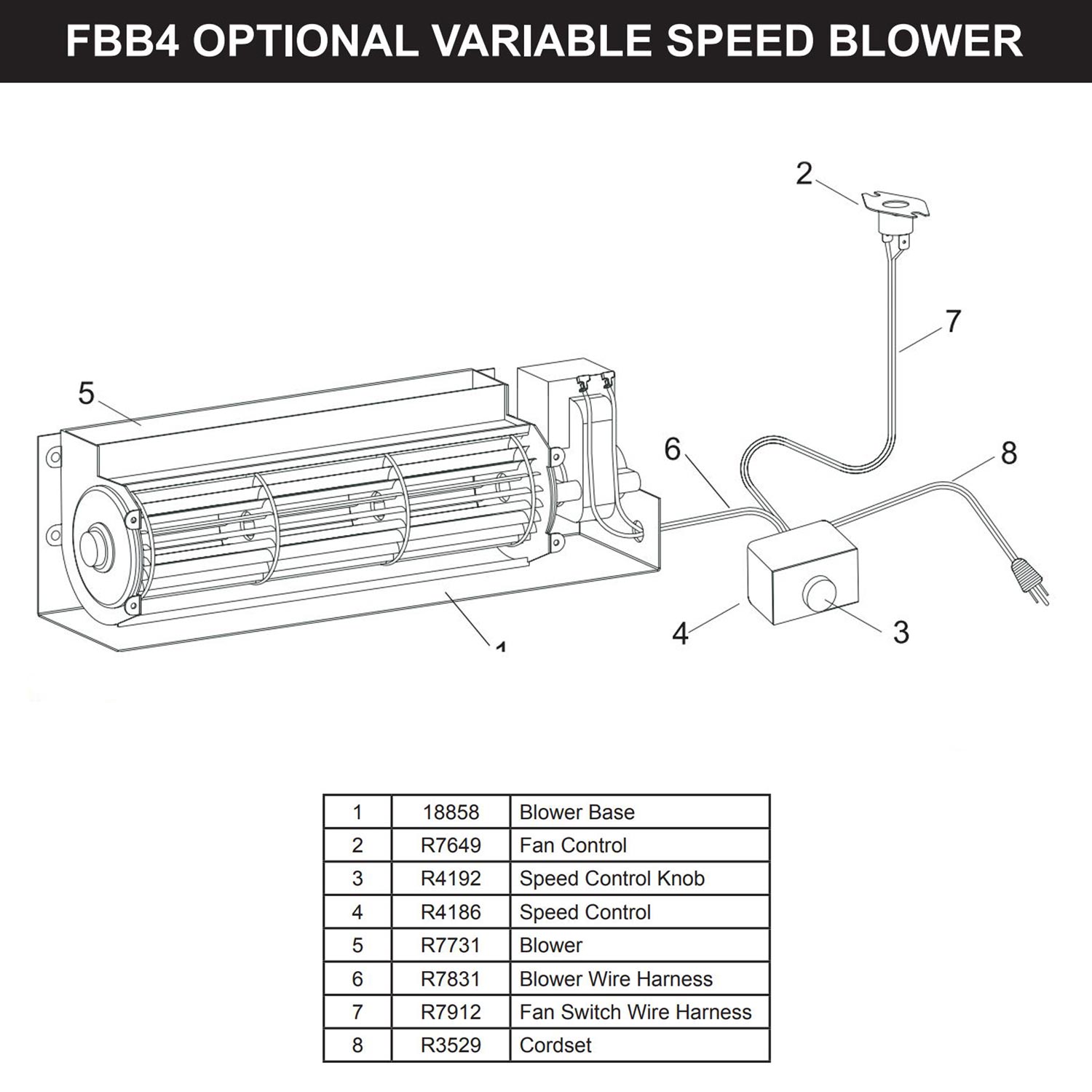 Exploded diagram of fireplace blower: fan unit, speed control, wiring, and power cord