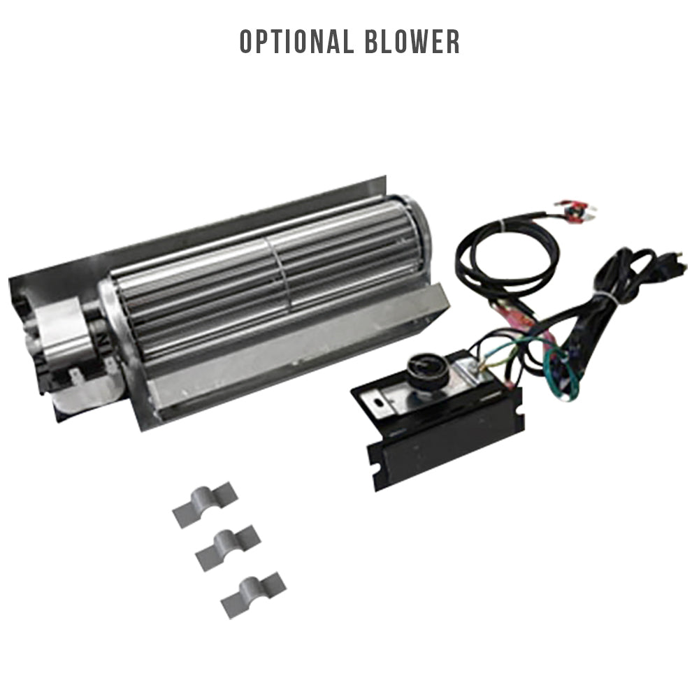 Optional blower kit for direct-vent stove with metal fan housing and wiring