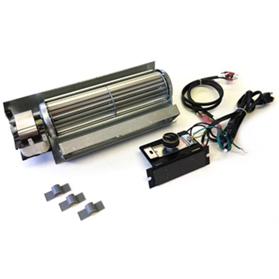 Variable fireplace blower with metal fan housing, wiring harness, and mounting bracket