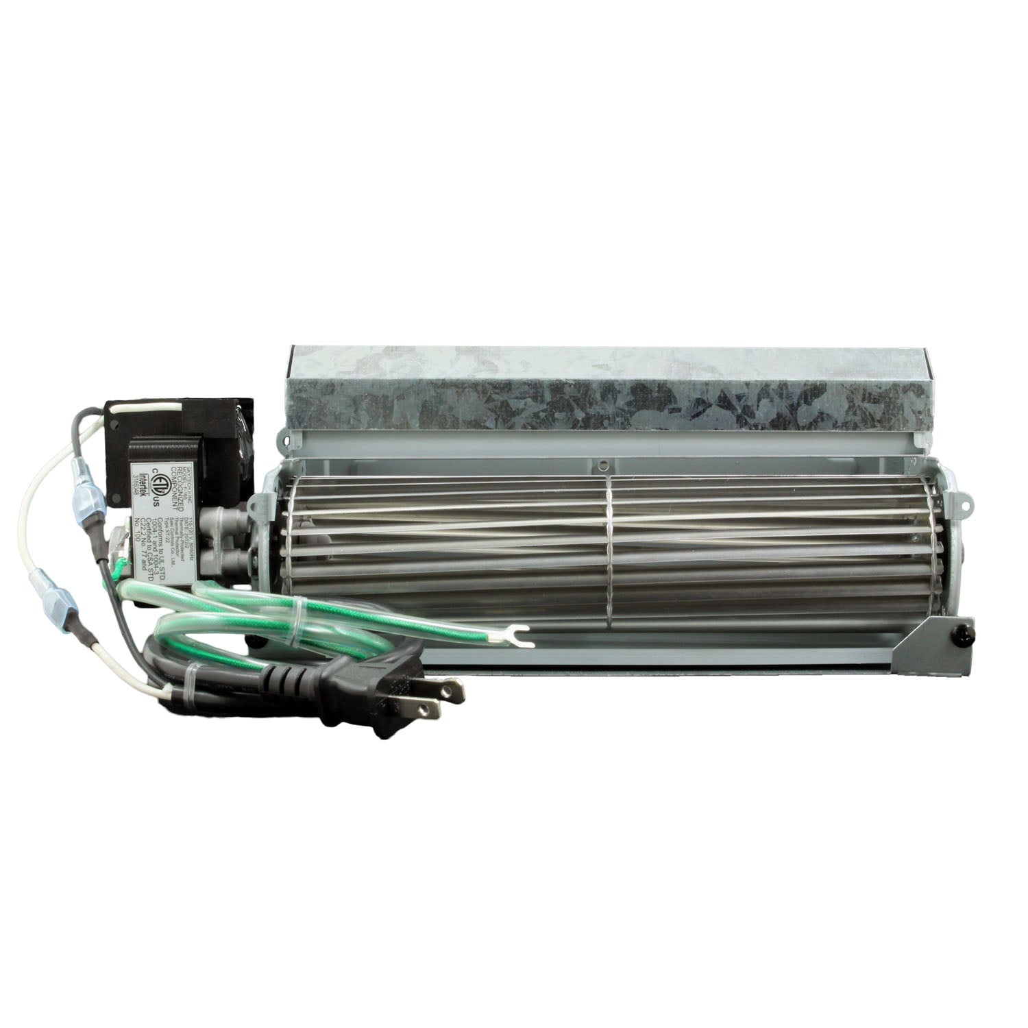 Variable-speed fireplace blower with metal fan housing and attached wiring harness