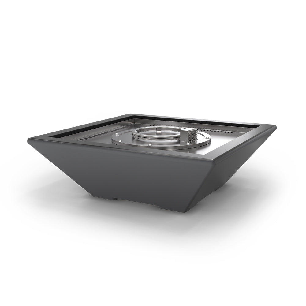 Dark concrete gas fire bowl with stainless burner insert and circular control component