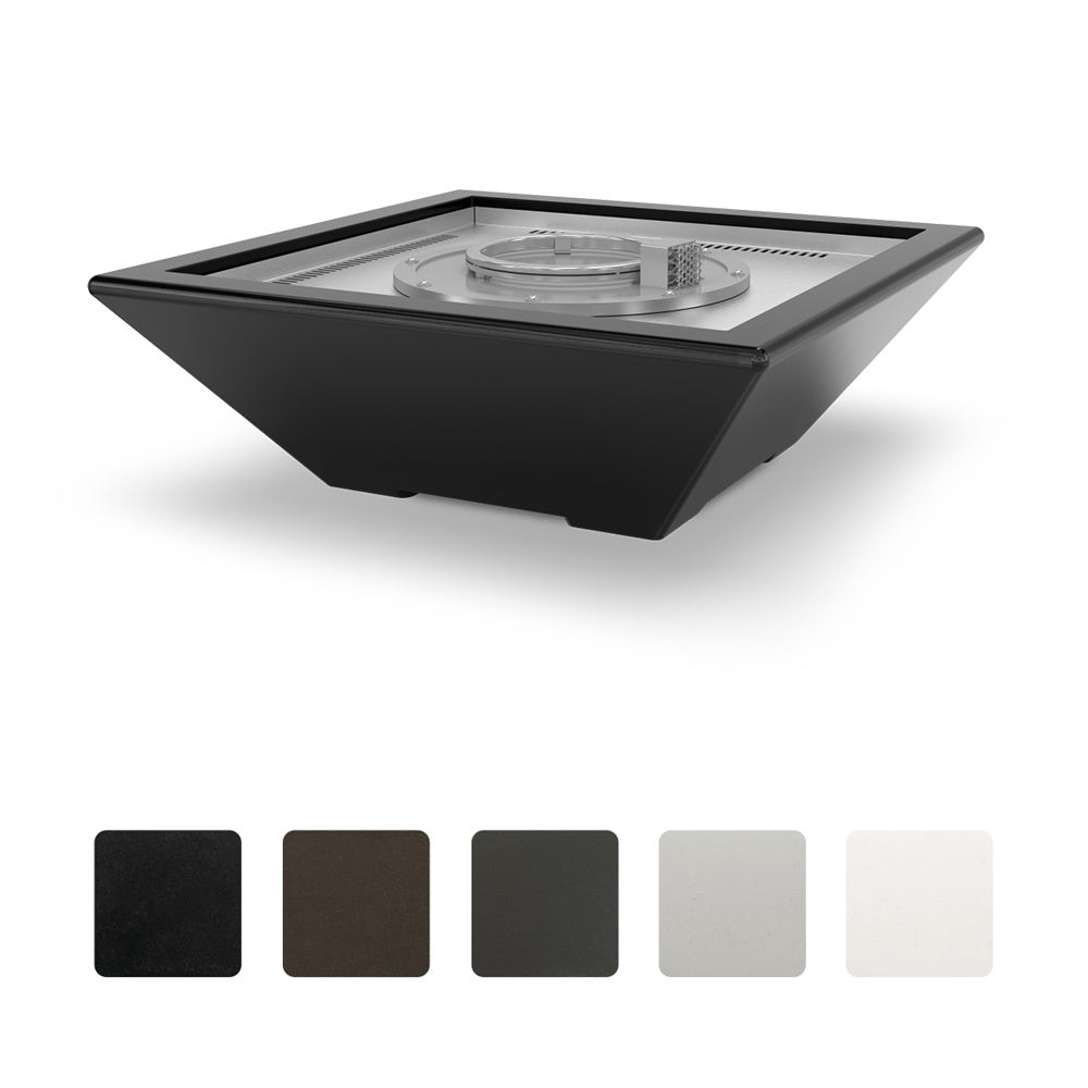 Dark concrete gas fire bowl with stainless burner insert, square rim and angled sides