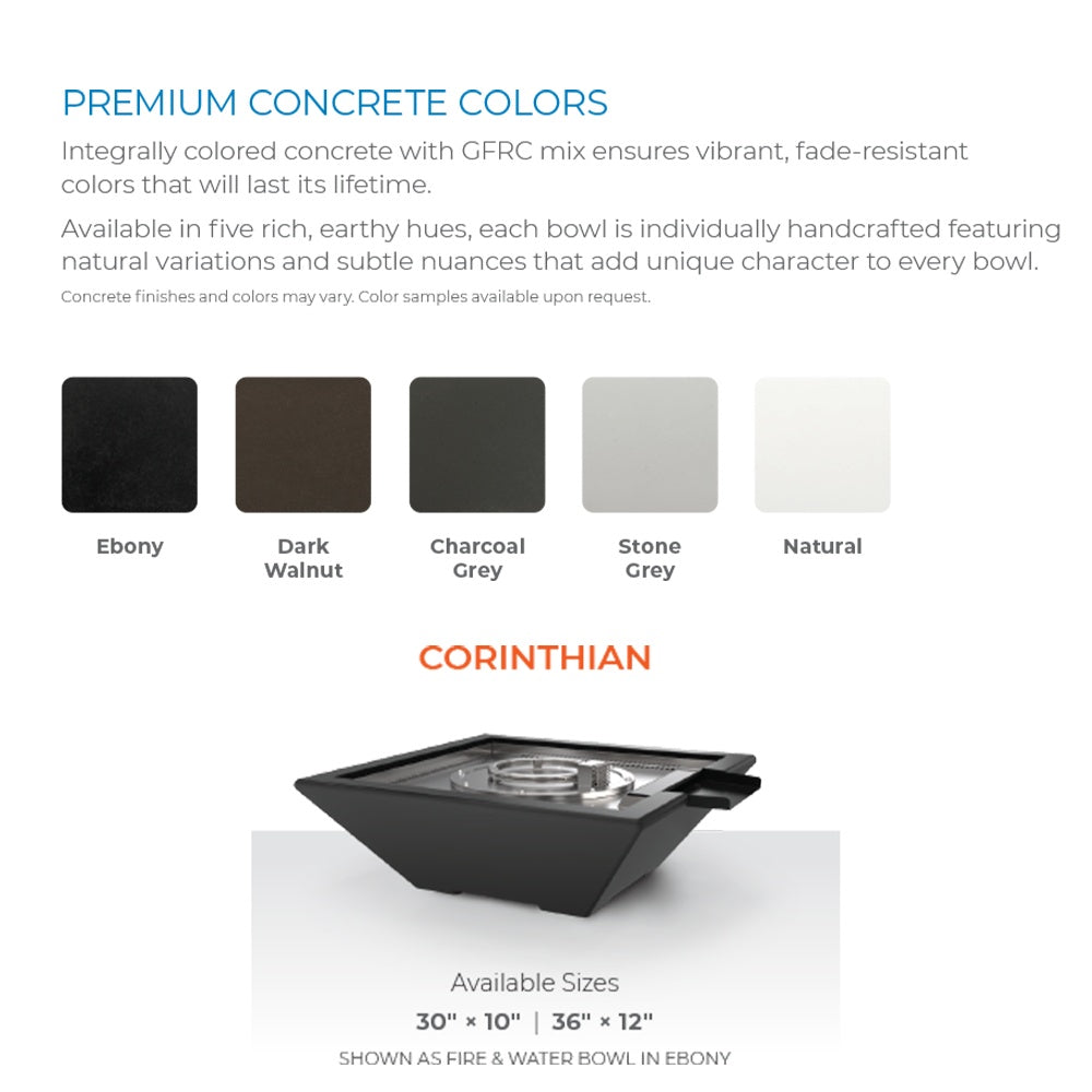 Concrete gas fire bowl color options row above a dark bowl with burner insert