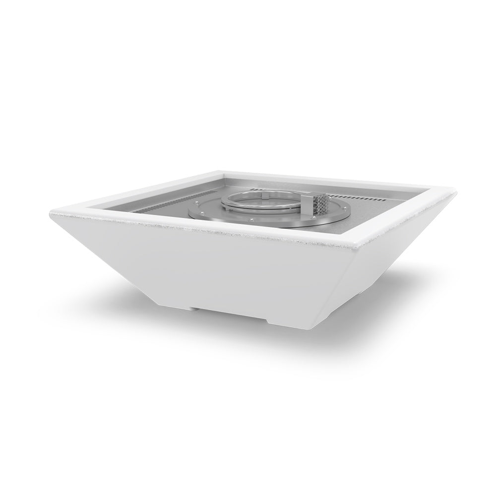 Concrete gas fire bowl with square rim and visible burner insert, light gray finish