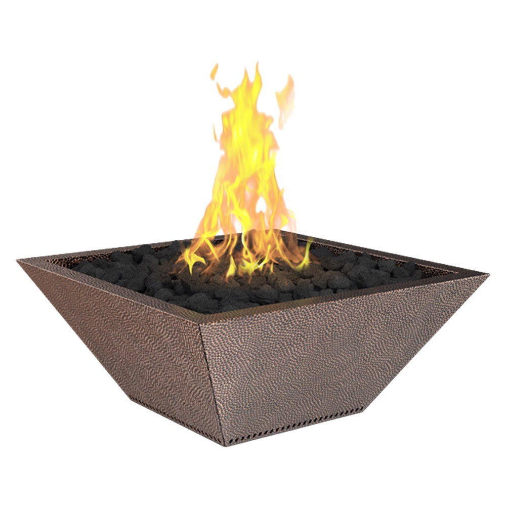 Square hammered copper gas fire bowl with burning flames, dark oil-rubbed finish
