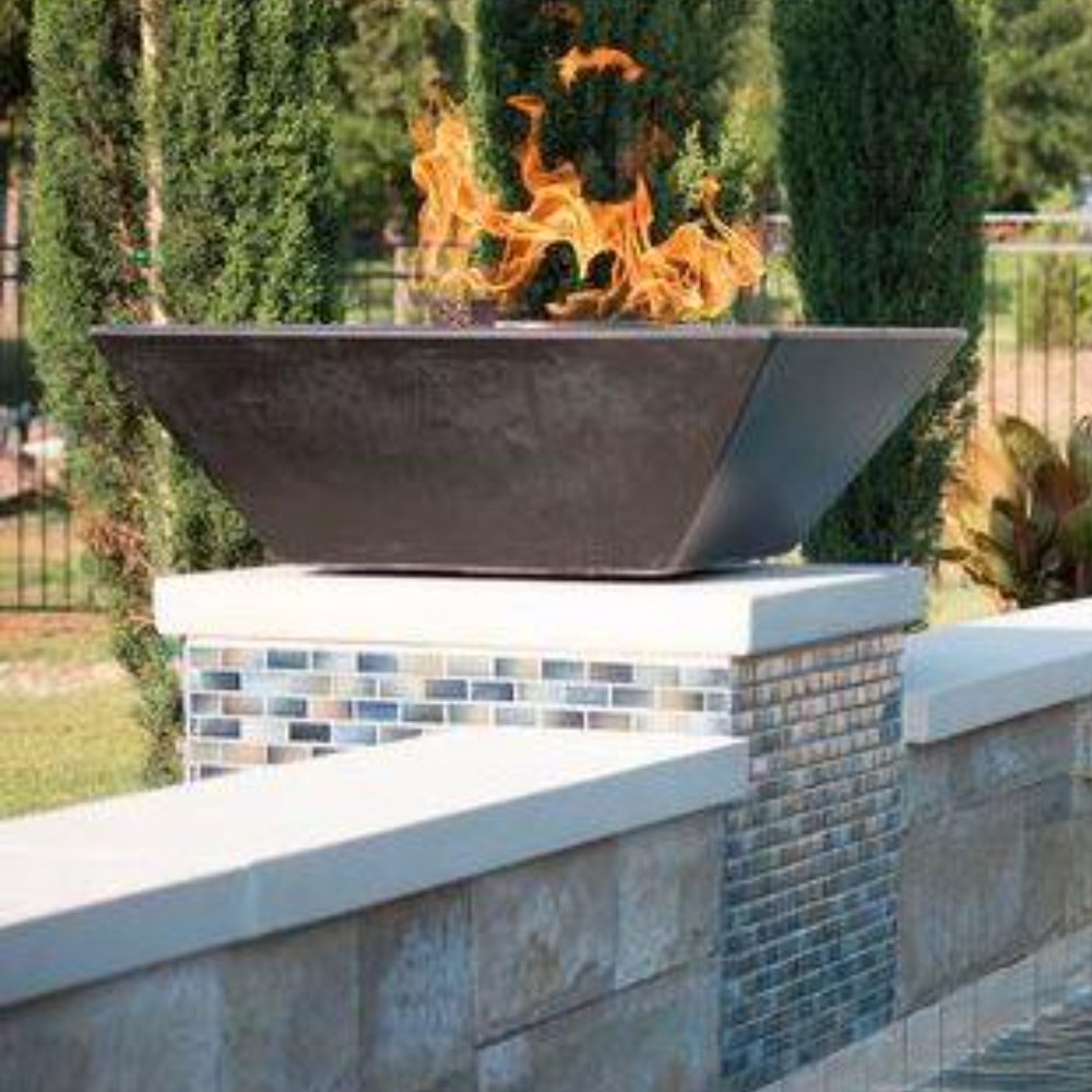 Square hammered copper gas fire bowl with flames, clean rectangular top opening