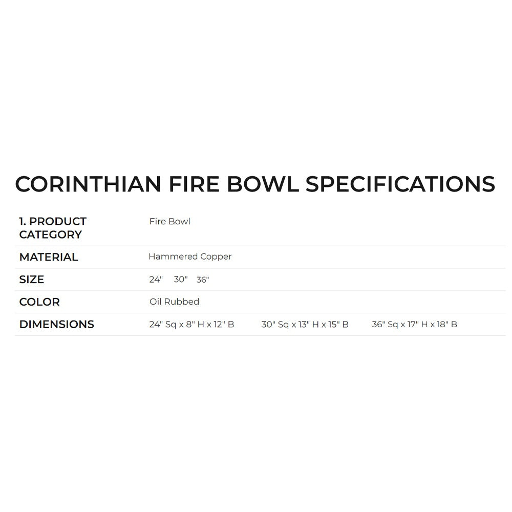 Fire bowl specifications table with materials, size, color, and dimensions