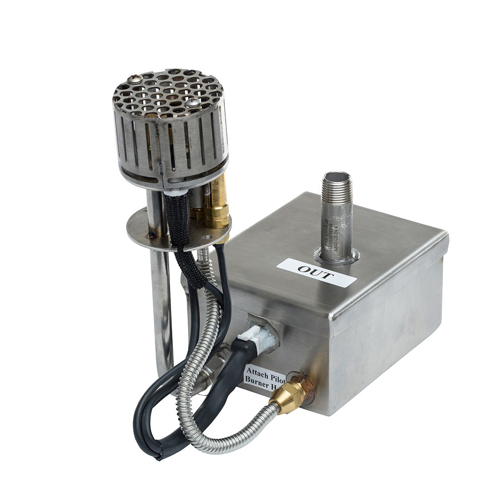 Outdoor fire bowl ignition burner unit with metal control box and hoses