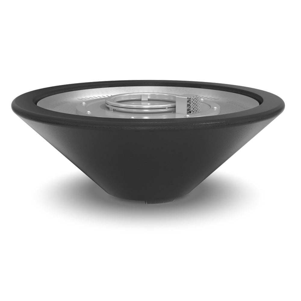 Top view of dark gray concrete gas fire bowl with metal burner ring and mesh