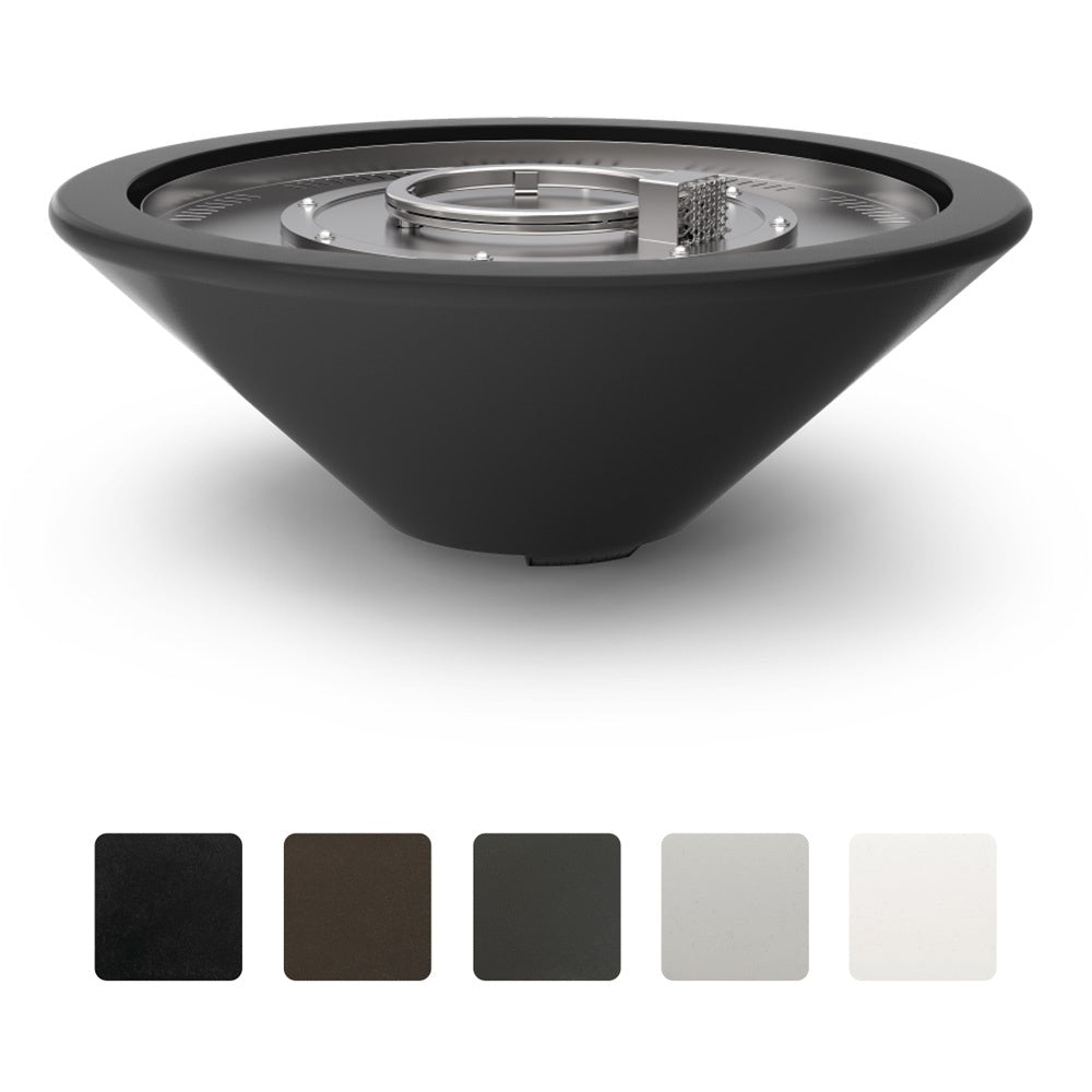 Concrete gas fire bowl in dark gray with circular burner insert and mesh grate