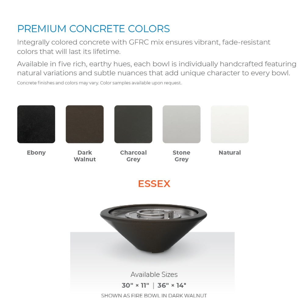 Concrete gas fire bowl shown with five color swatches at the bottom