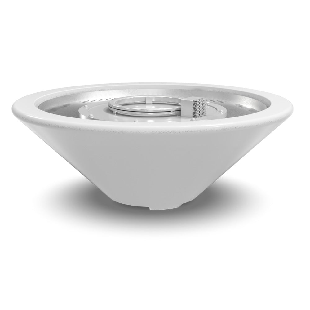 White concrete gas fire bowl with central burner insert and metal grate