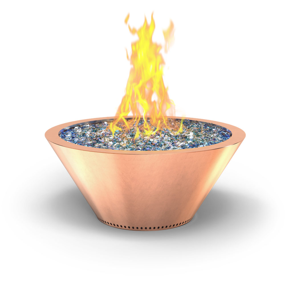 Copper round gas fire bowl with glowing flames and blue glass fire media