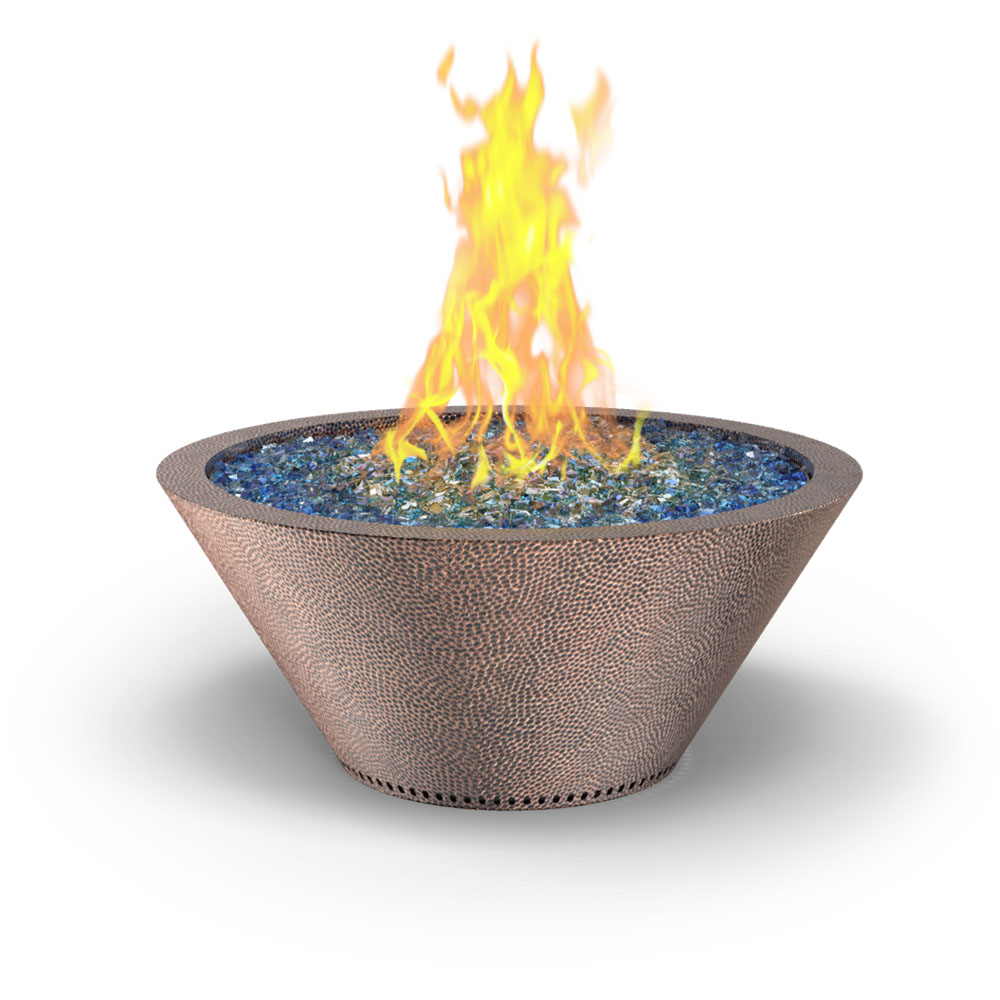 Round hammered copper gas fire bowl with blue flame bed and visible flames