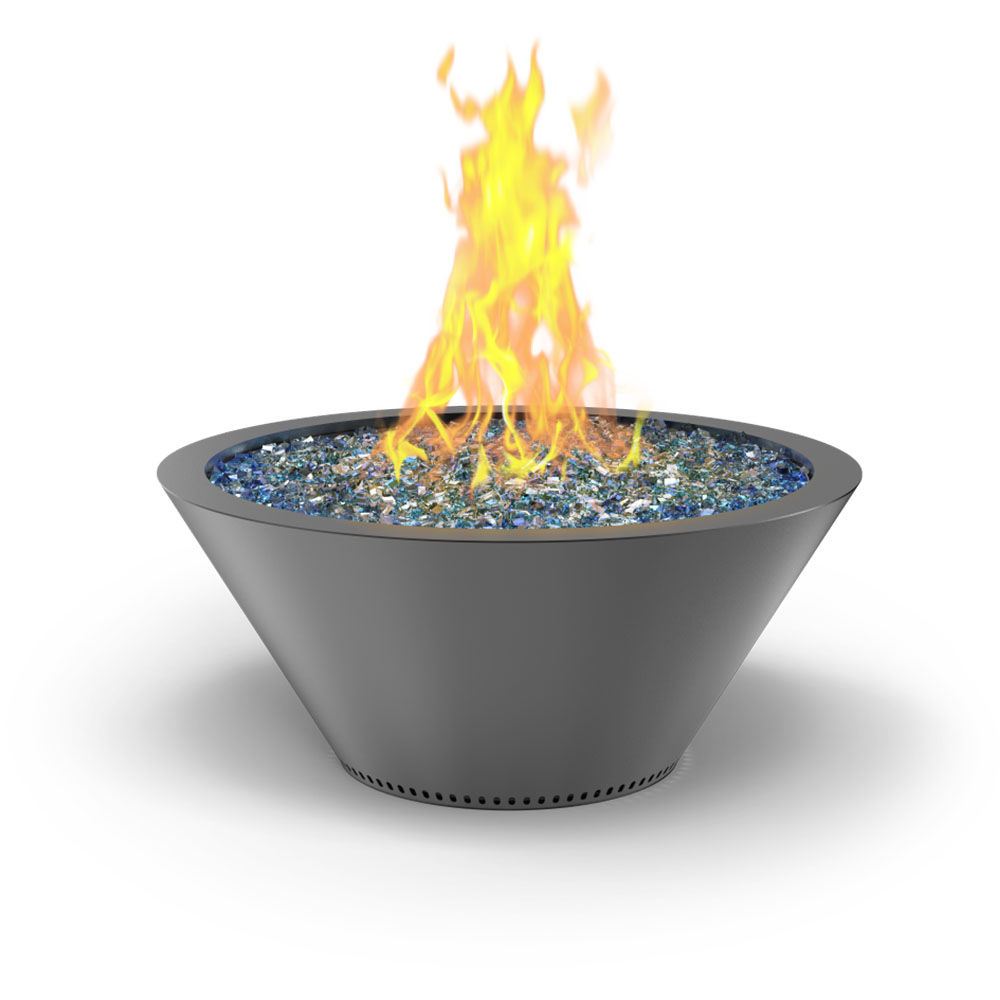 Round powder-coated gas fire bowl with flame and blue glass insert, dark finish