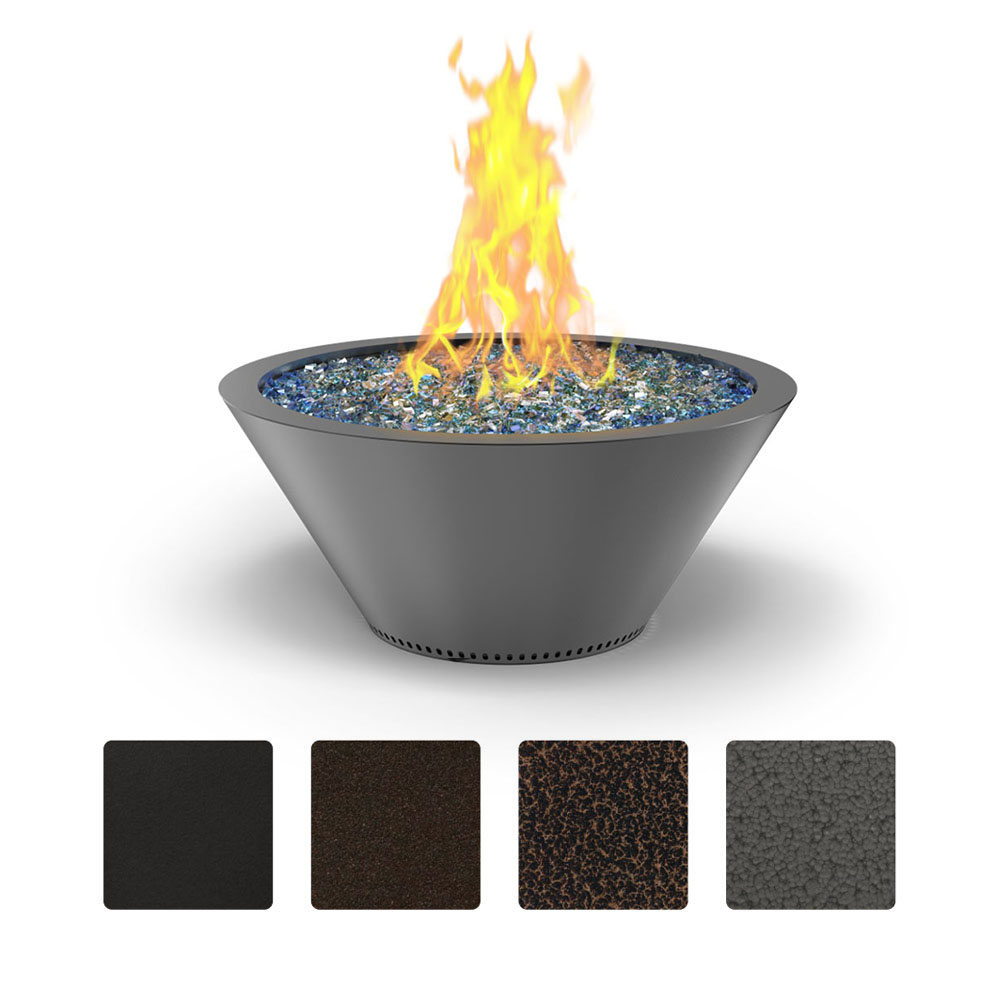 Round powder-coated gas fire bowl with flame and blue glass insert