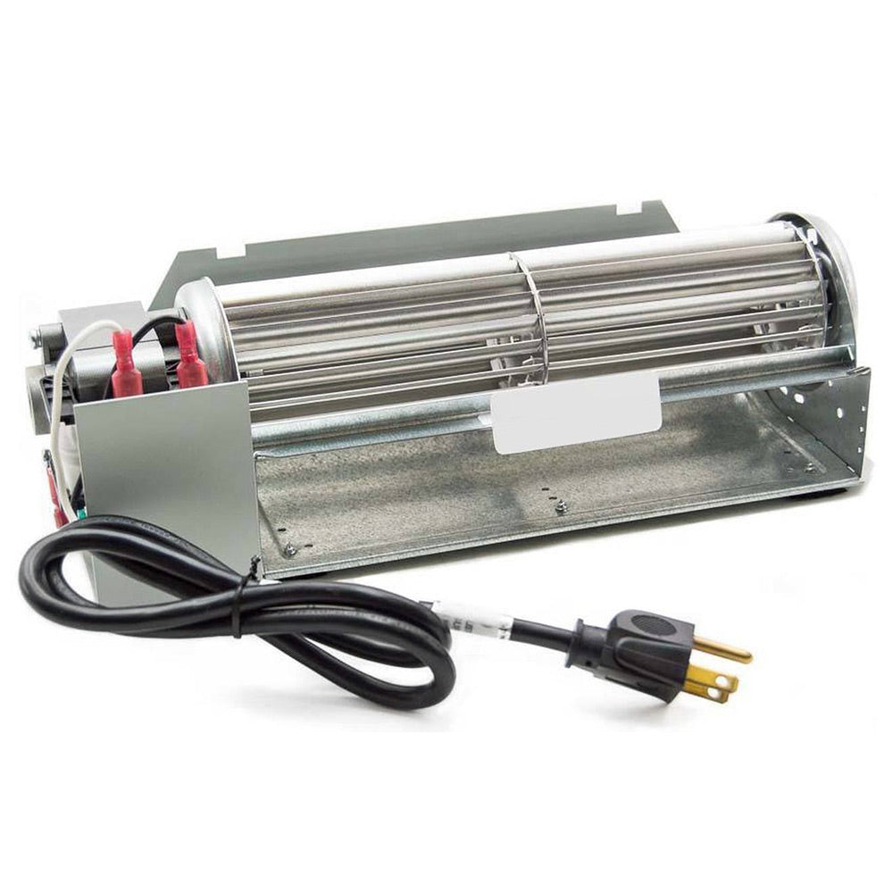 Gas fireplace blower kit with metal housing, fan drum, and power cord plug