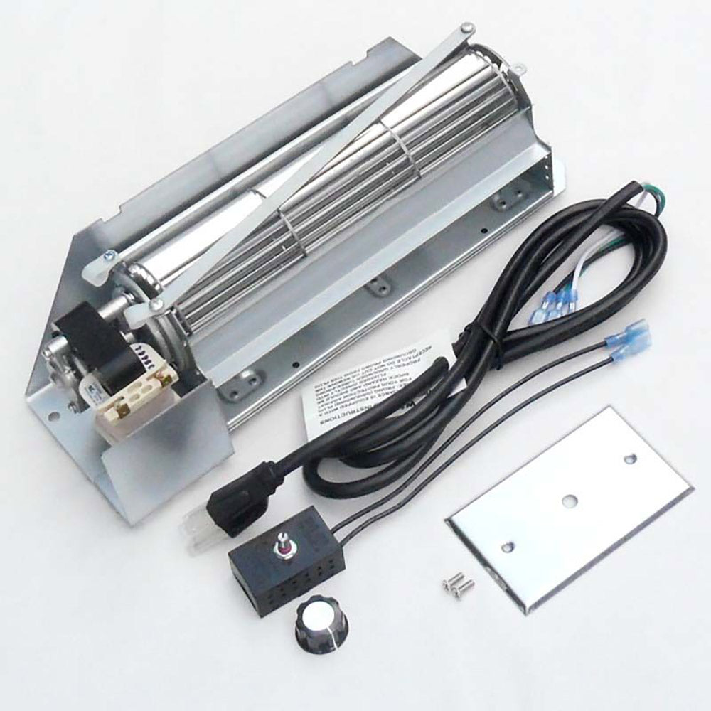 Variable speed gas fireplace blower kit with metal housing, wiring, and wall switch