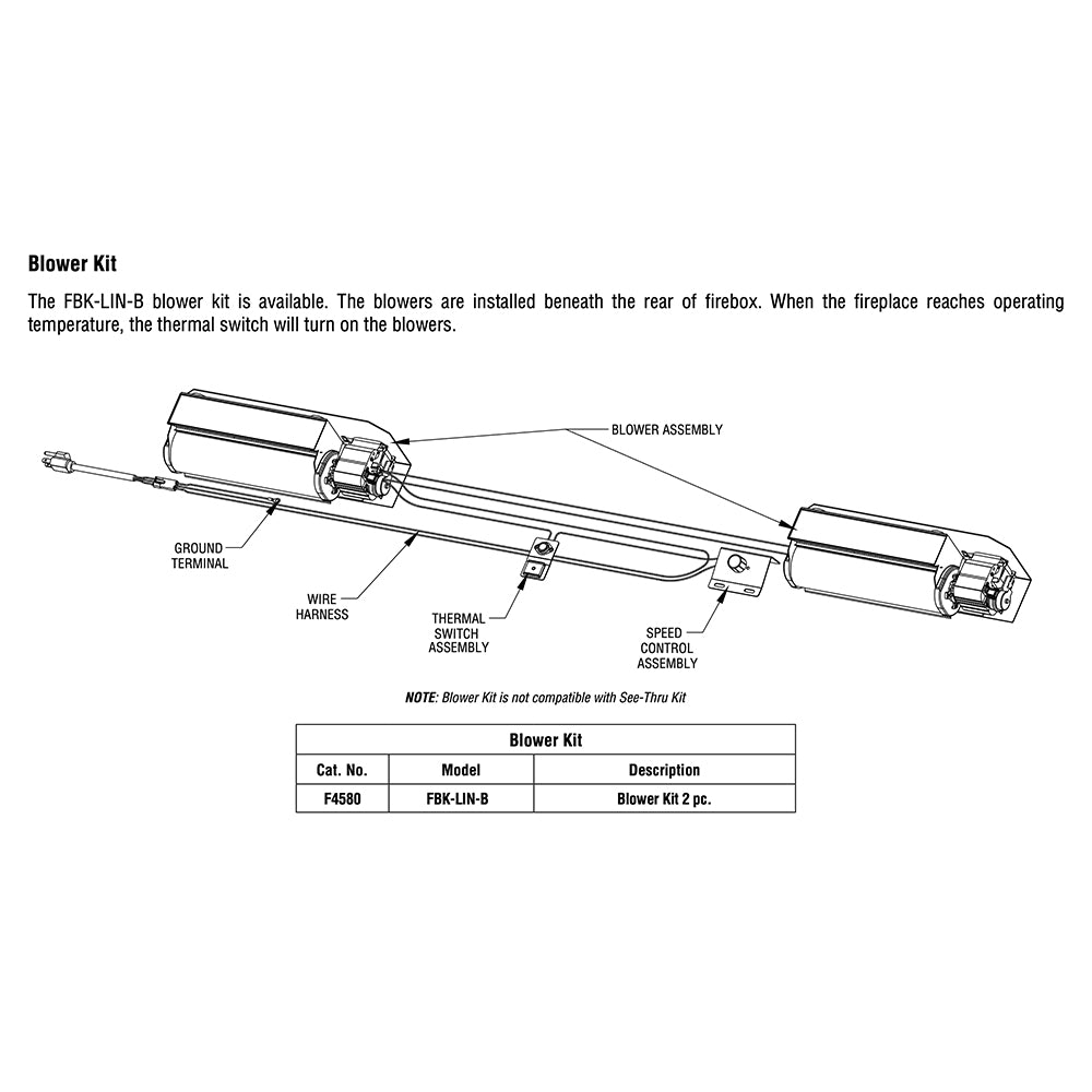 Gas fireplace blower kit diagram with blower assembly, wires, speed control, and terminals