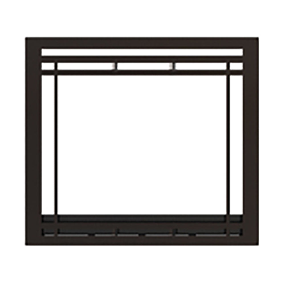 Black craftsman-style fireplace front facade with rectangular window and vented trim