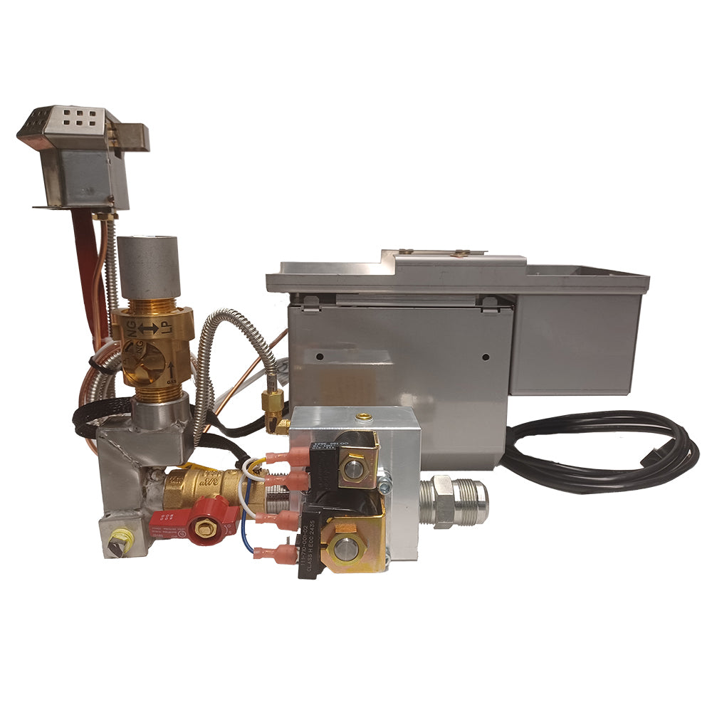 Electronic ignition flame control system with metal burner assembly, control box, wiring