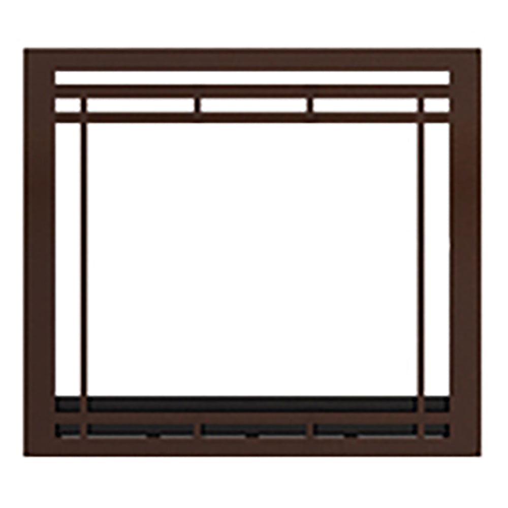 Chestnut brown gas fireplace front facade with glass panel and horizontal grille bars.