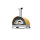Pizza oven with yellow outer dome, black front panel, and stainless chimney