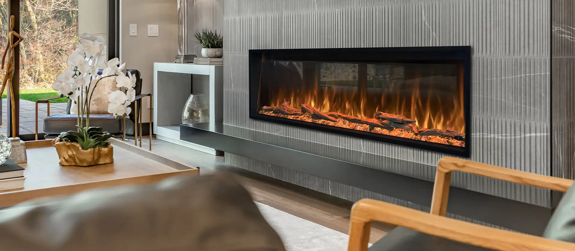 Electric fireplace installed in a modern living room with warm ambient lighting