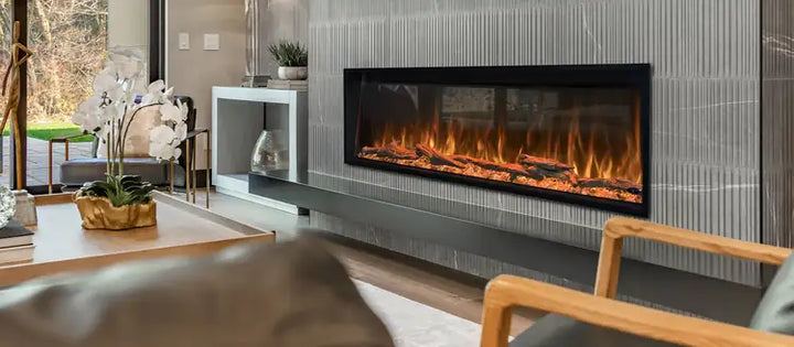 Electric fireplace installed in a modern living room with warm ambient lighting