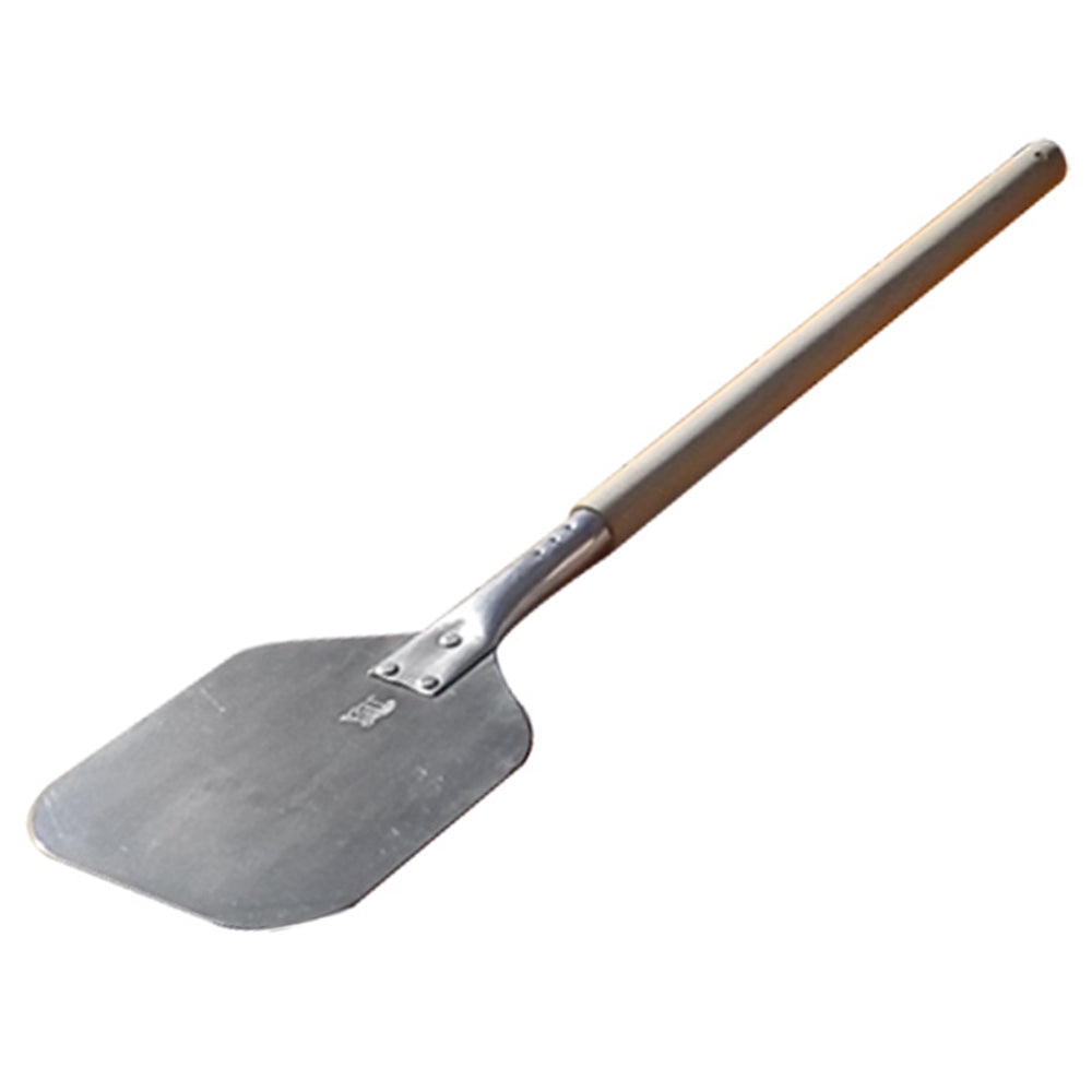 Aluminum pizza peel with long wooden handle, flat shovel shape for lifting pizzas