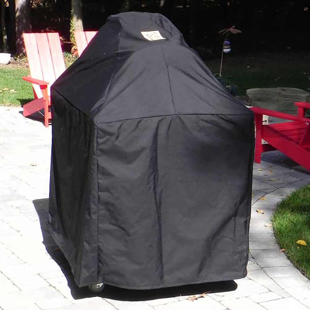 Black vinyl pizza oven cover, full-body fitted shape with hood and bottom grommets