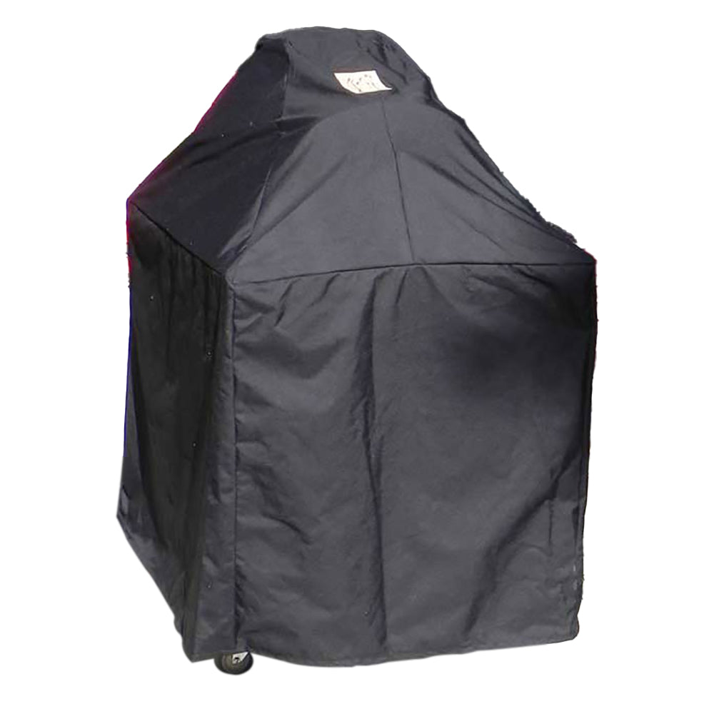 Black vinyl pizza oven cover with hooded top and covered sides, with grommets