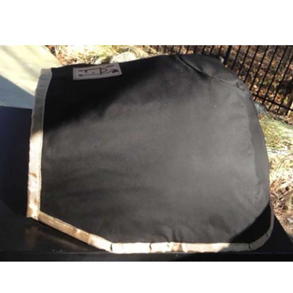 Black vinyl pizza oven cover with label and gold trim