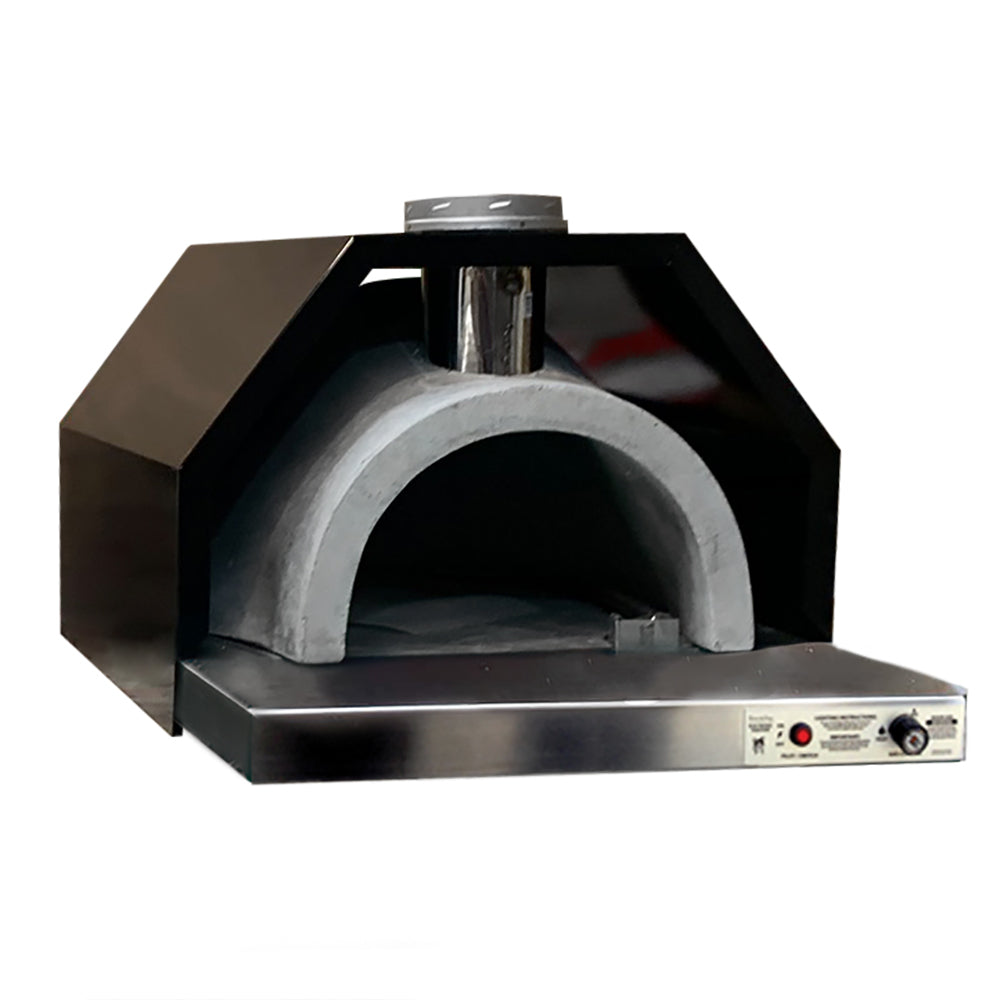 Dual fuel built-in pizza oven with arched stone interior and control panel