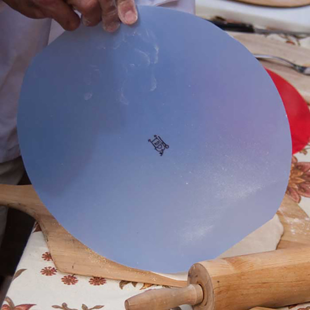 Plastic pizza dough rolling sheet, round 12-inch disc with logo, under rolling pin