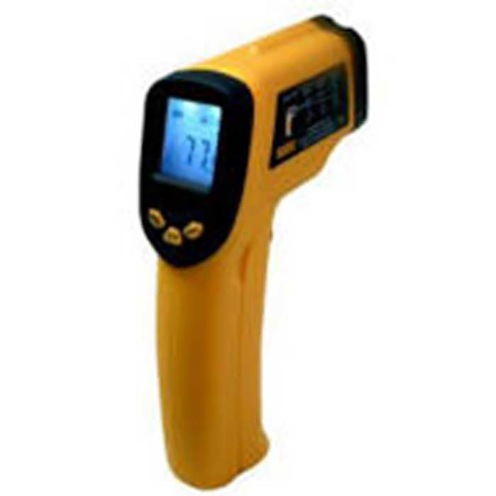 Digital infrared thermometer gun with yellow body, black display and trigger buttons