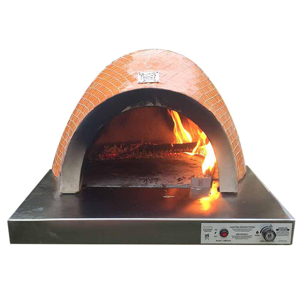 Built-in glass tile pizza oven with copper arched dome and open fire
