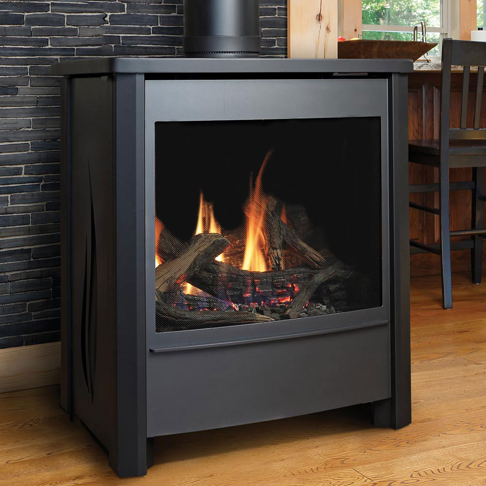 Freestanding gas stove in dark gray with glass window showing burning log set