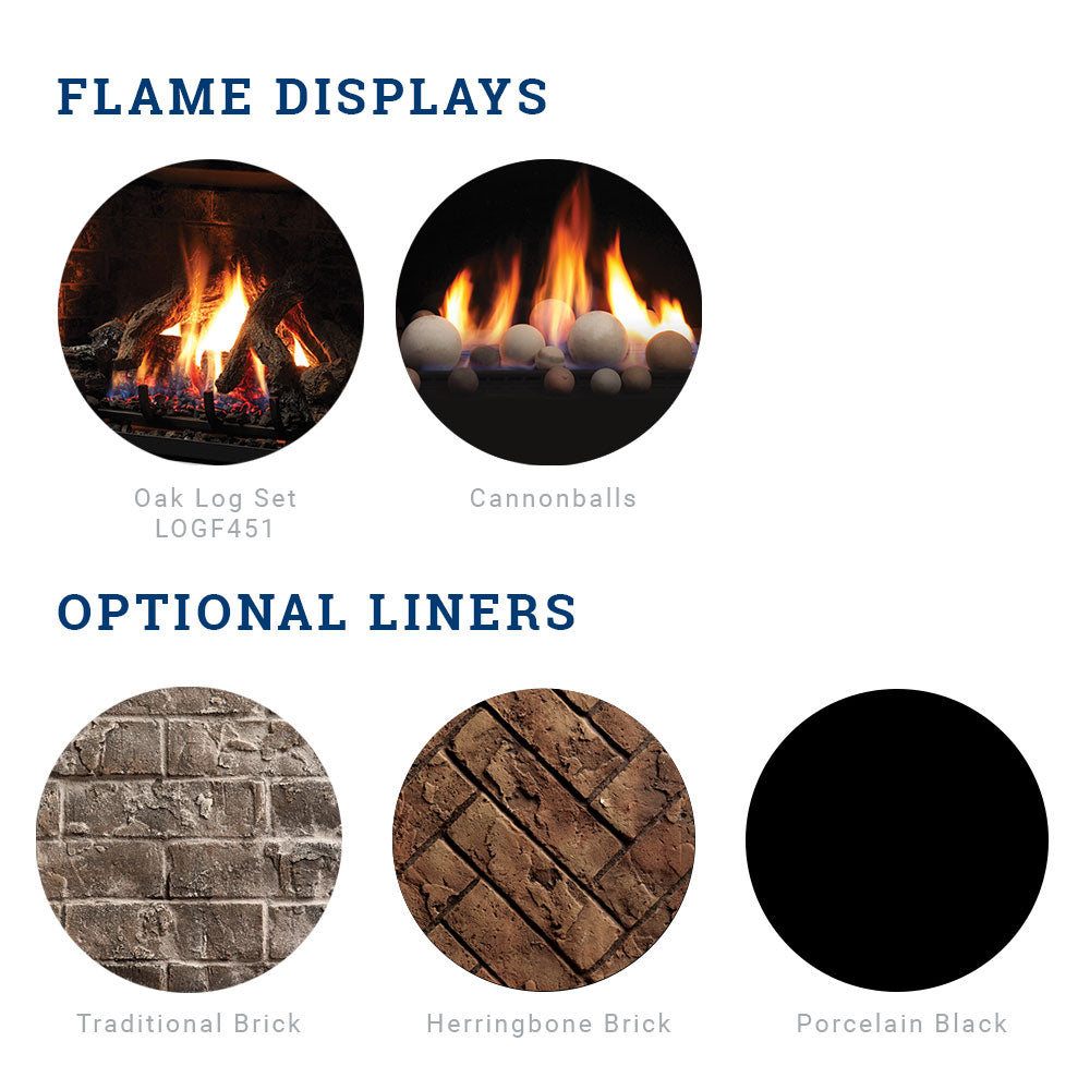 Flame displays and optional liners chart with circular material and flame options
