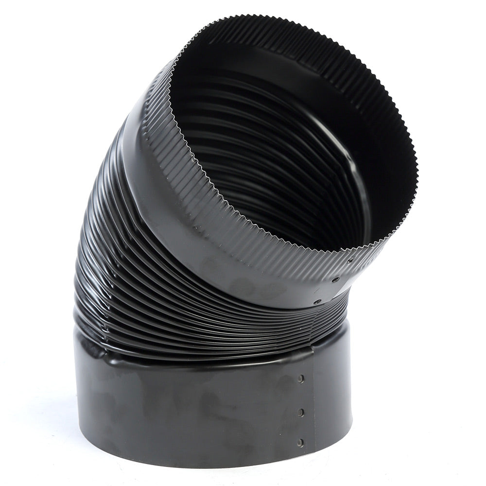 45-degree rigid chimney elbow, black metal with ribbed flue and seam