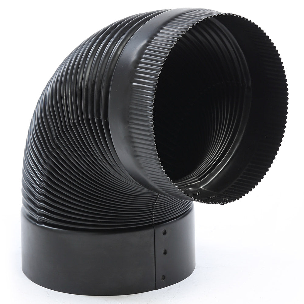 Black 90-degree rigid chimney elbow pipe with ribbed duct and wide flanged opening