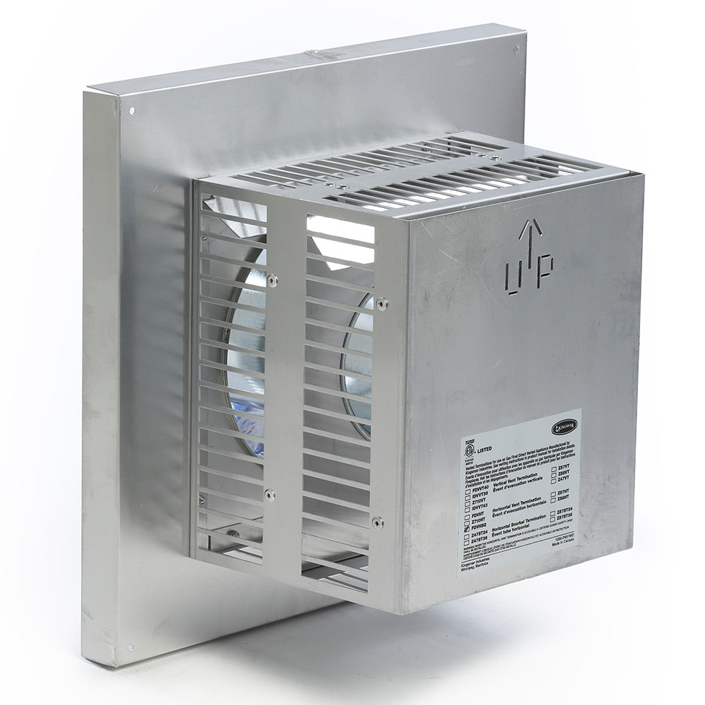 Square metal vent termination with louvered grille for 4x7-inch duct, horizontal outlet