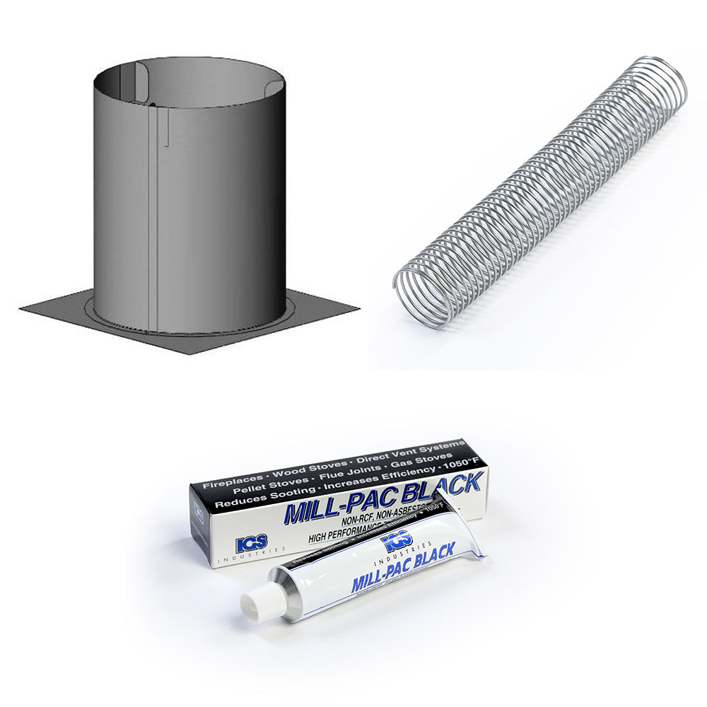 Direct vent starter kit with vertical vent pipe, flexible liner, and sealant tubes