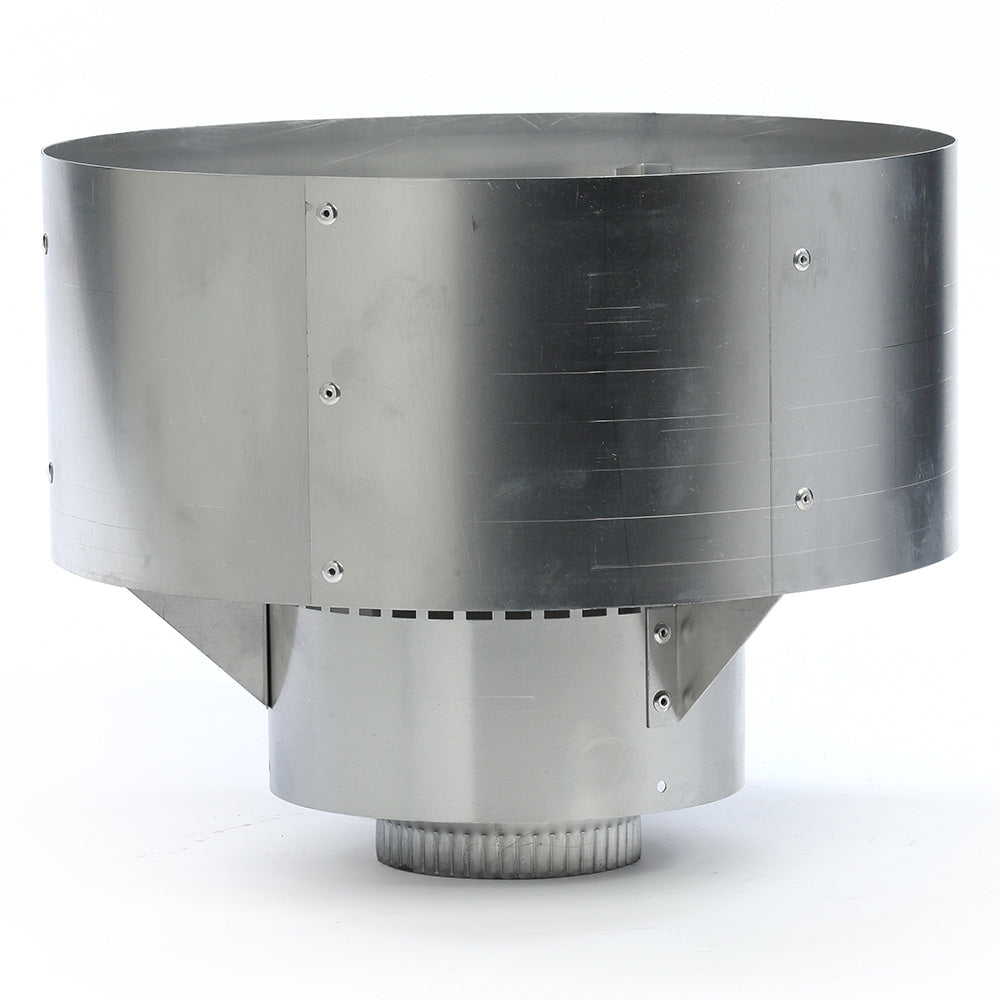 Metal chimney vent termination with round flanges and mounting holes for 4x7 vent