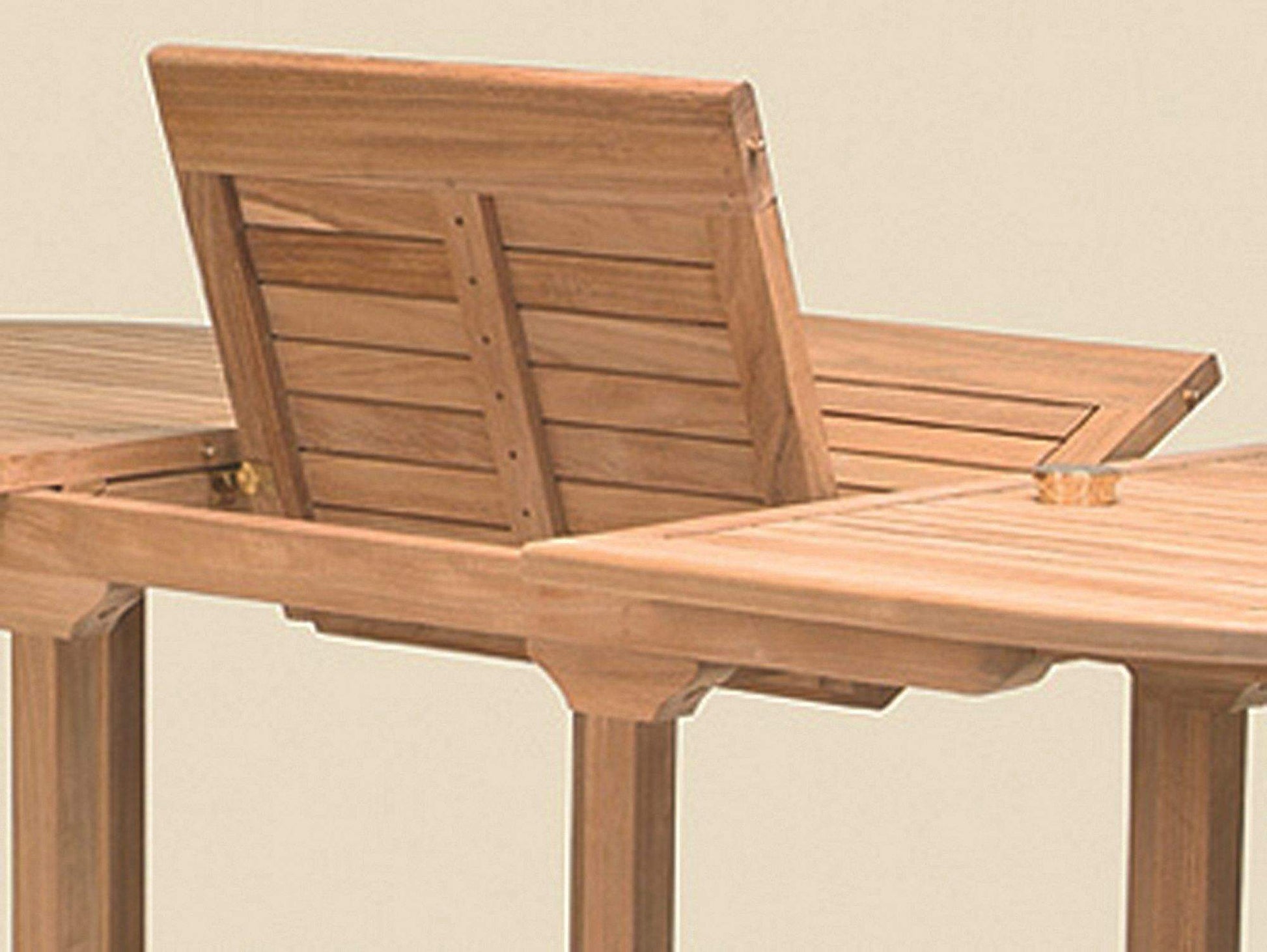Teak expansion table showing hinged leaf panel and slatted tabletop