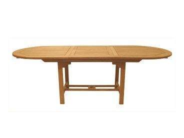 Teak oval dining table with center extension seam and tapered support legs