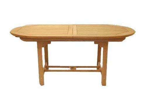 Teak oval dining table with center extension leaf and slatted tabletop