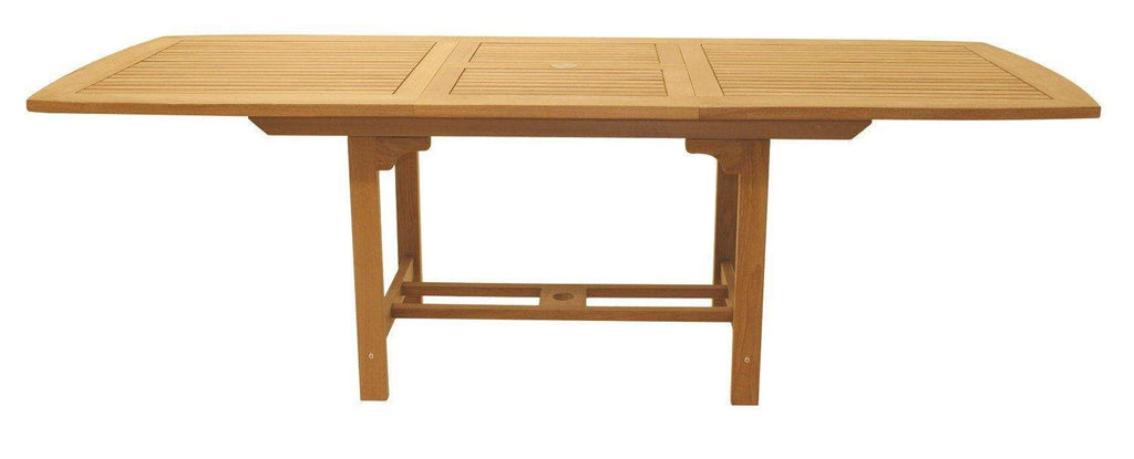 Rectangular teak expansion table with slatted tabletop and open cross brace